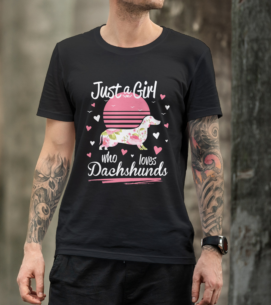 Just A Girl Who Loves Dachshunds Pink Floral Sunset Hearts T-Shirt