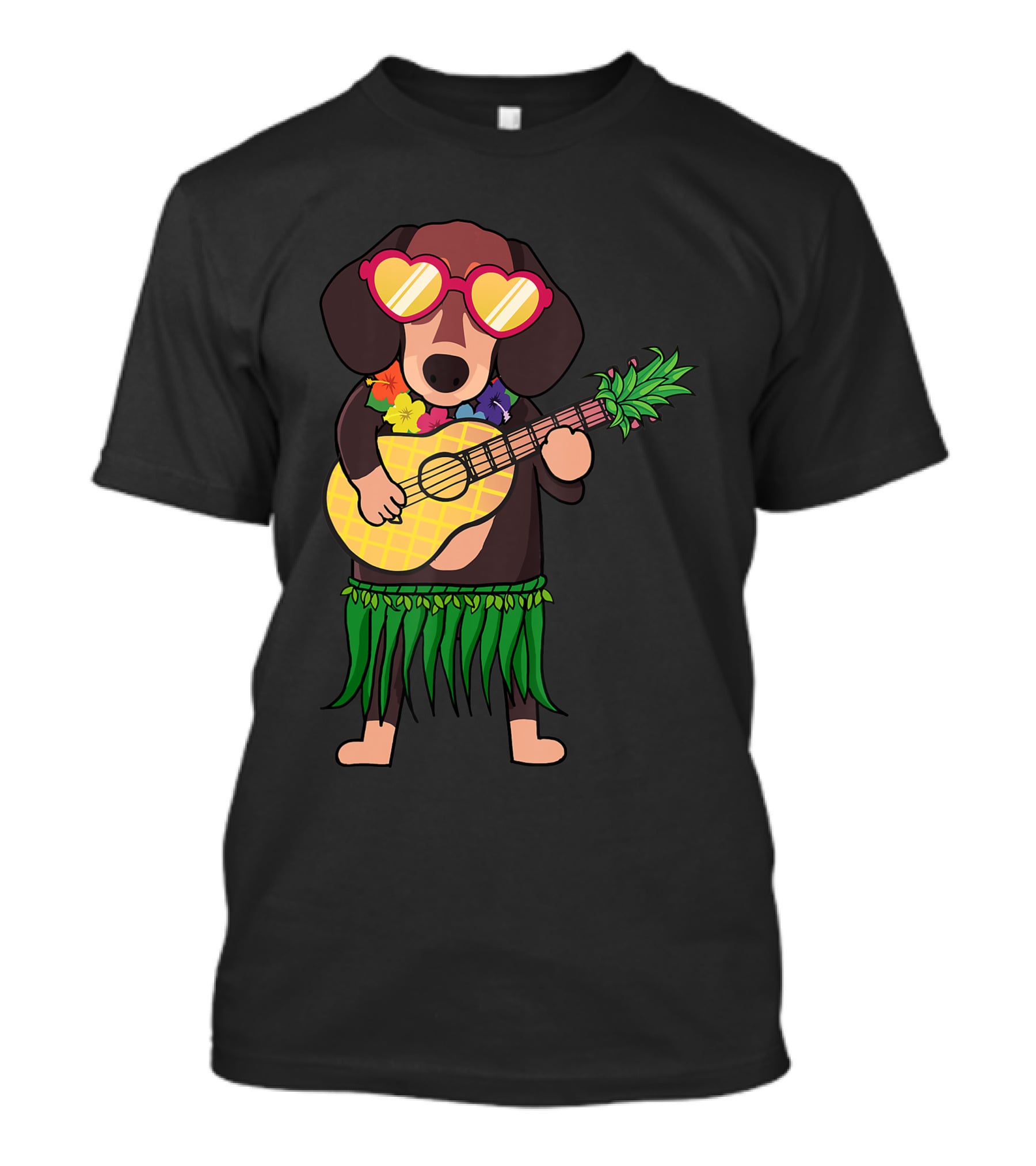 Dachshund Hawaiian Ukulele Player In Summer Costume With Sunglasses T-Shirt