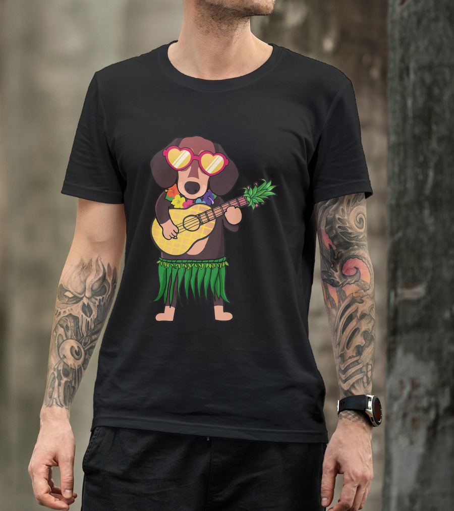 Dachshund Hawaiian Ukulele Player In Summer Costume With Sunglasses T-Shirt