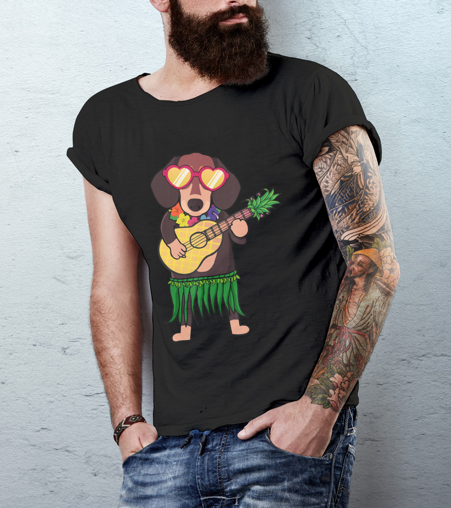Dachshund Hawaiian Ukulele Player In Summer Costume With Sunglasses T-Shirt