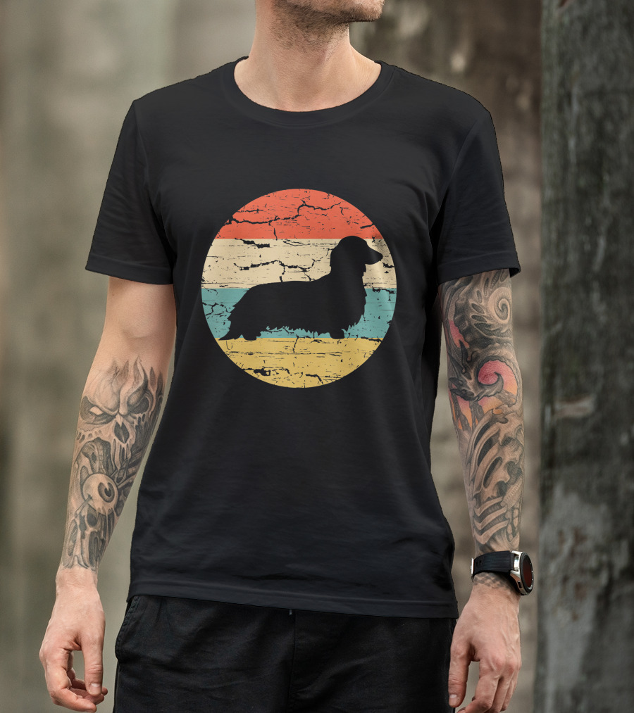 Dachshund Long Haired Dog Vintage Retro Stripes T-Shirt