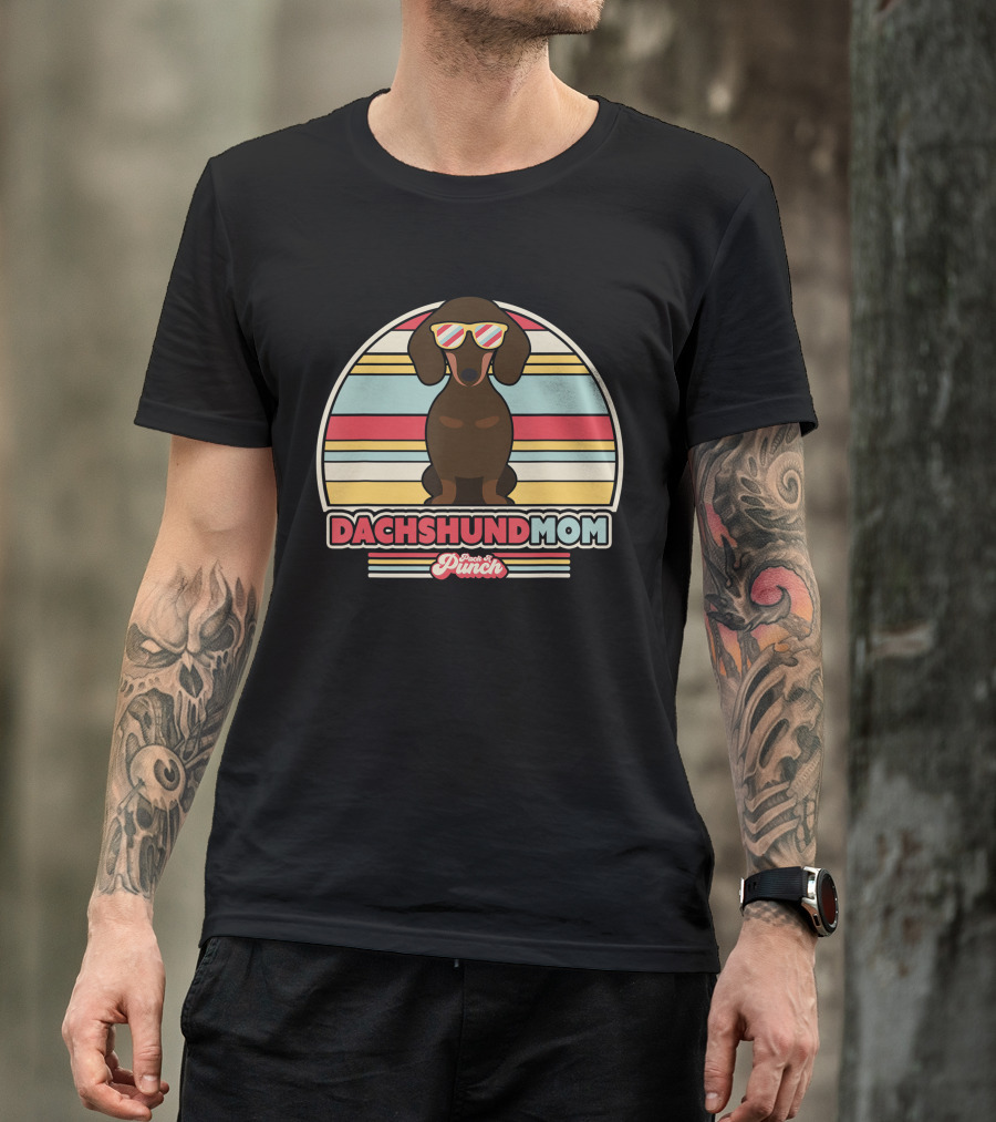 Dachshund Mom Retro Style Paws And Punch Stripes T-Shirt
