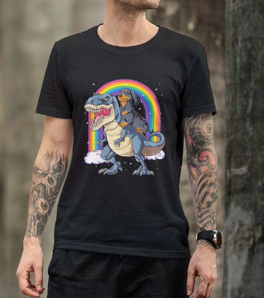 Dachshund Riding Dinosaur Rex T-Shirt