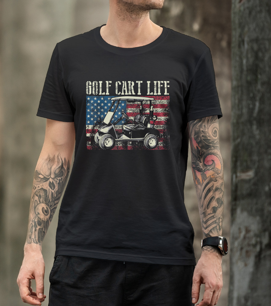 Golf Cart Life Vintage US Flag Funny Golfing T-Shirt