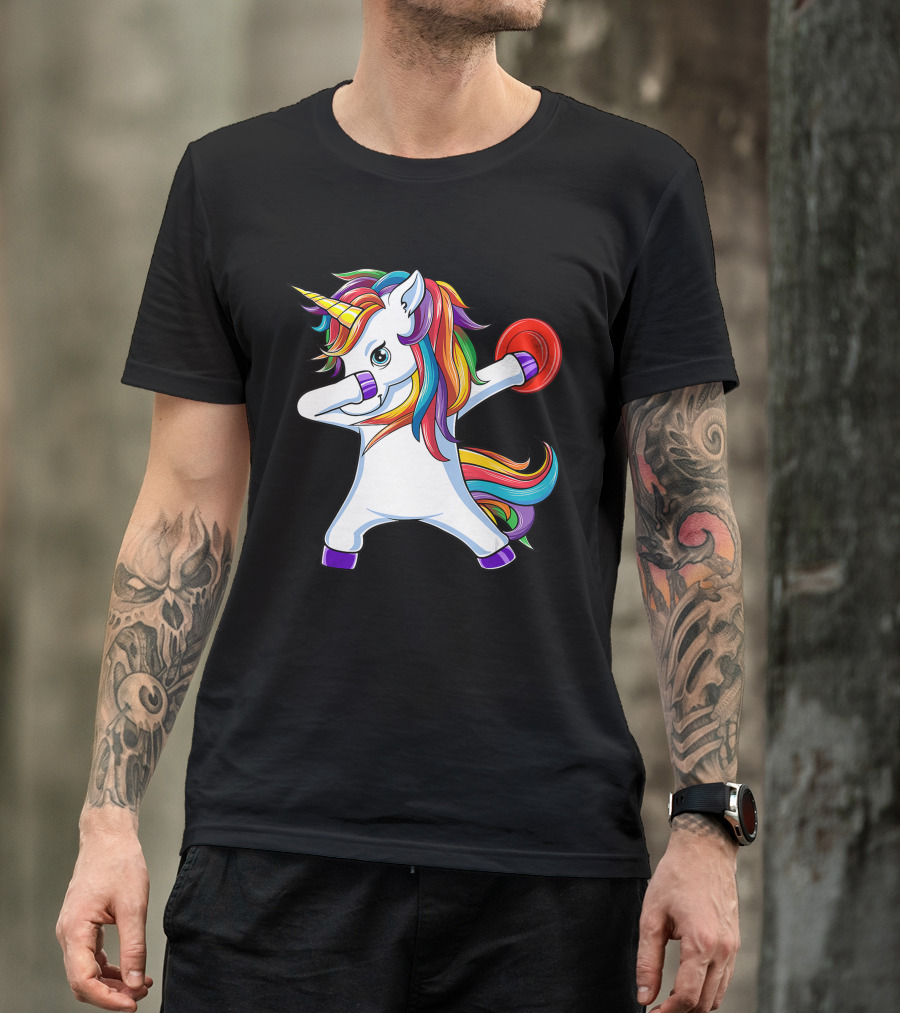 Unicorn Dabbing With Rainbow Mane Playing Disc Golf T-Shirt