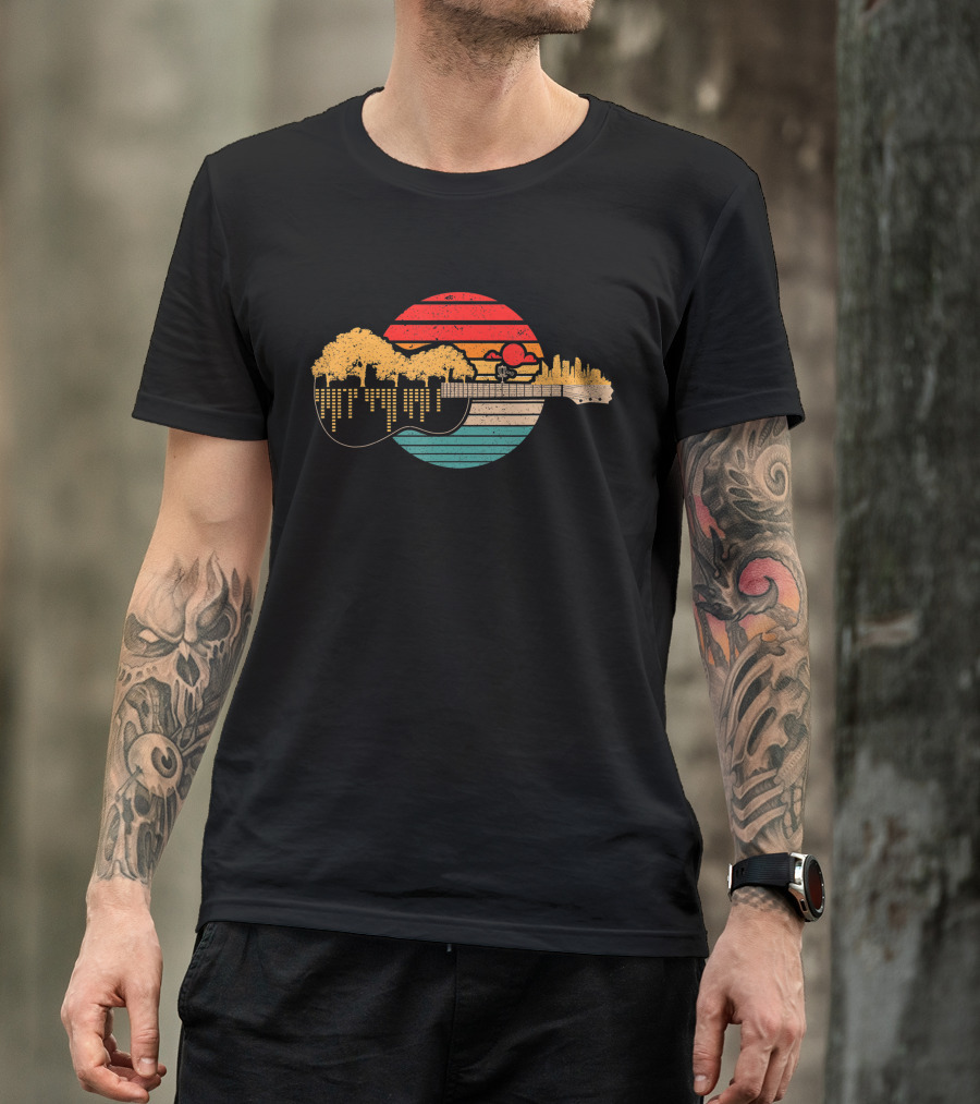Disc Golf Flying Disc Sunset Guitar Landscape City Skyline T-Shirt