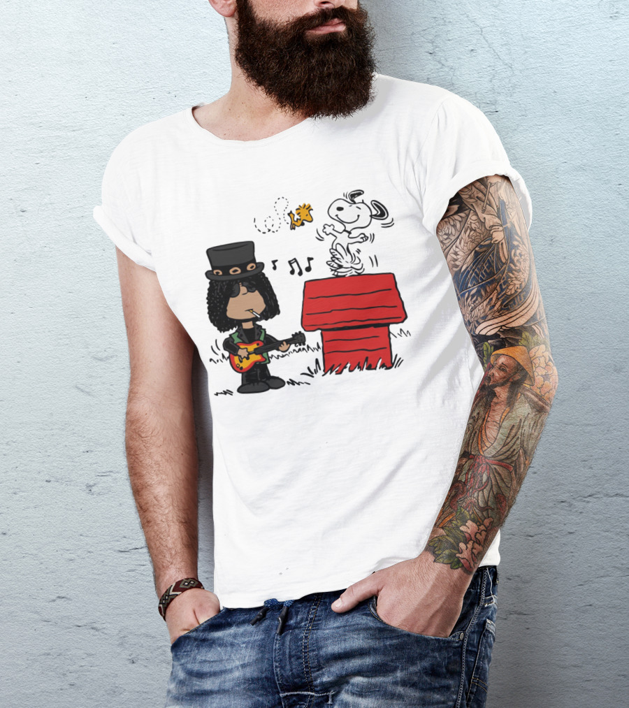 Slash Style Guitarist With Snoopy And Woodstock Playing Music T-Shirt
