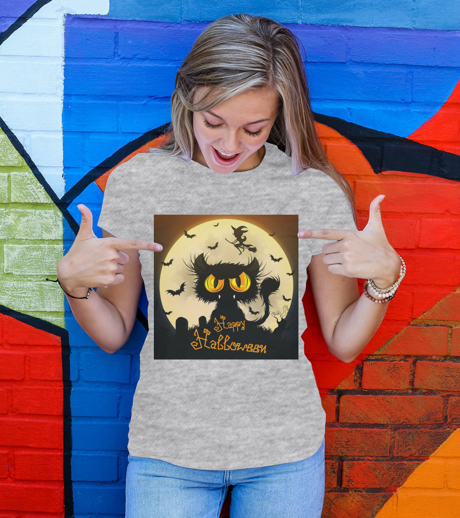 Starry Halloween Cat With Witch And Bats T-Shirt