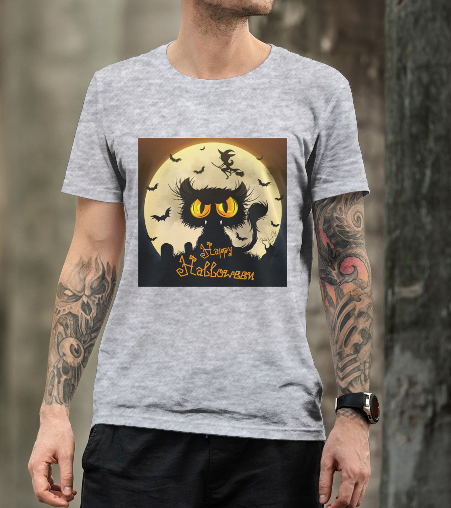 Starry Halloween Cat With Witch And Bats T-Shirt