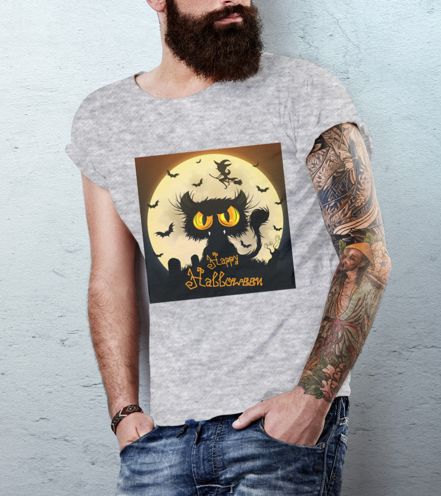 Starry Halloween Cat With Witch And Bats T-Shirt