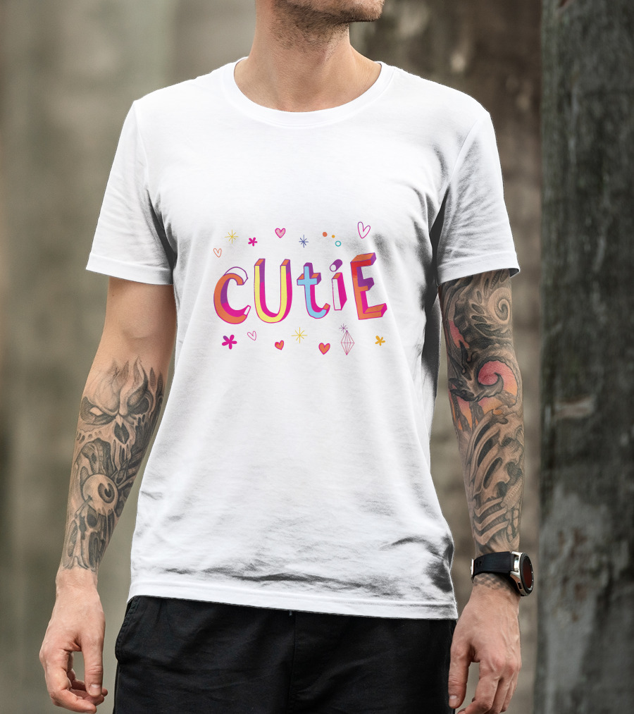CUTIE Hearts And Stars Colorful Typography T-Shirt