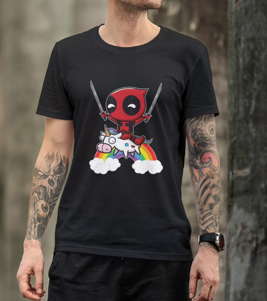 Chibi Deadpool Riding Epic Rainbow Unicorn With Dual Katanas T-Shirt