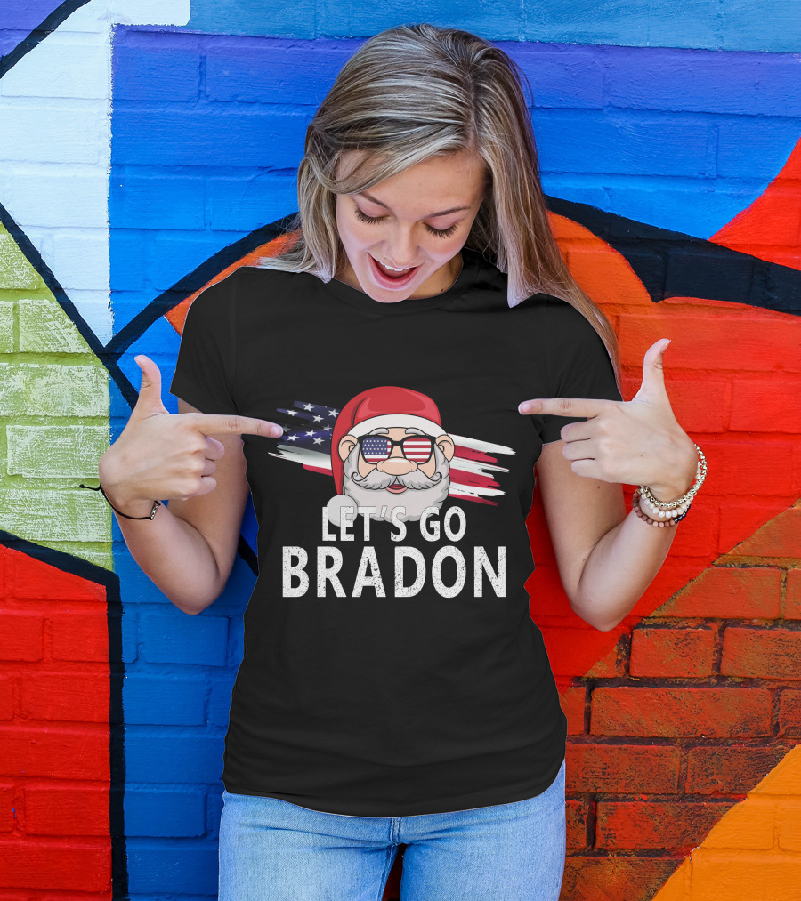 LET'S GO BRADON Christmas Santa USA Flag Glasses T-Shirt