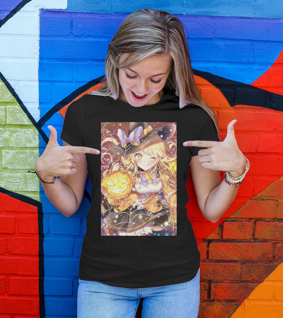 Anime Halloween Witch Girl With Pumpkin Lantern And Stars T-Shirt