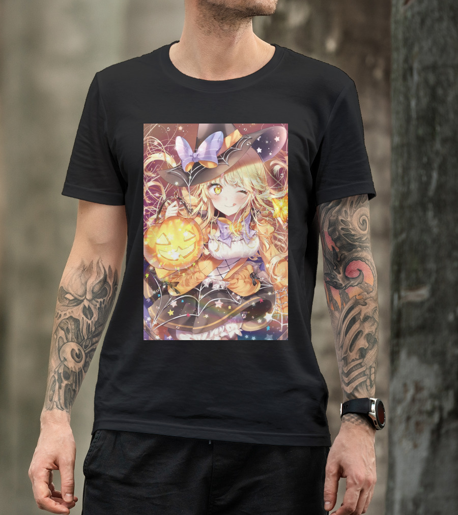 Anime Halloween Witch Girl With Pumpkin Lantern And Stars T-Shirt