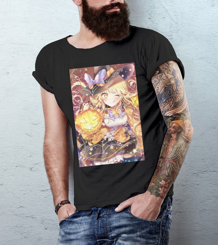 Anime Halloween Witch Girl With Pumpkin Lantern And Stars T-Shirt