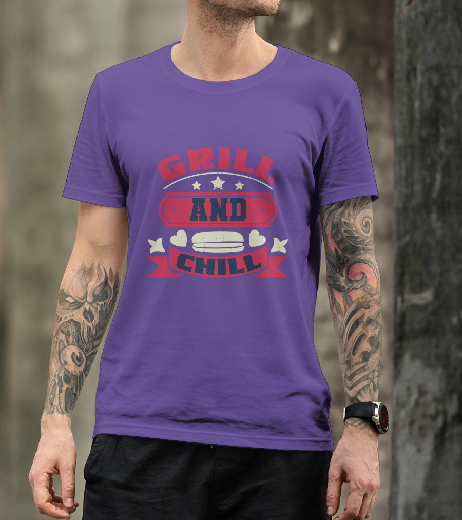 GRILL AND CHILL Stars And Hearts BBQ Burger Banner T-Shirt