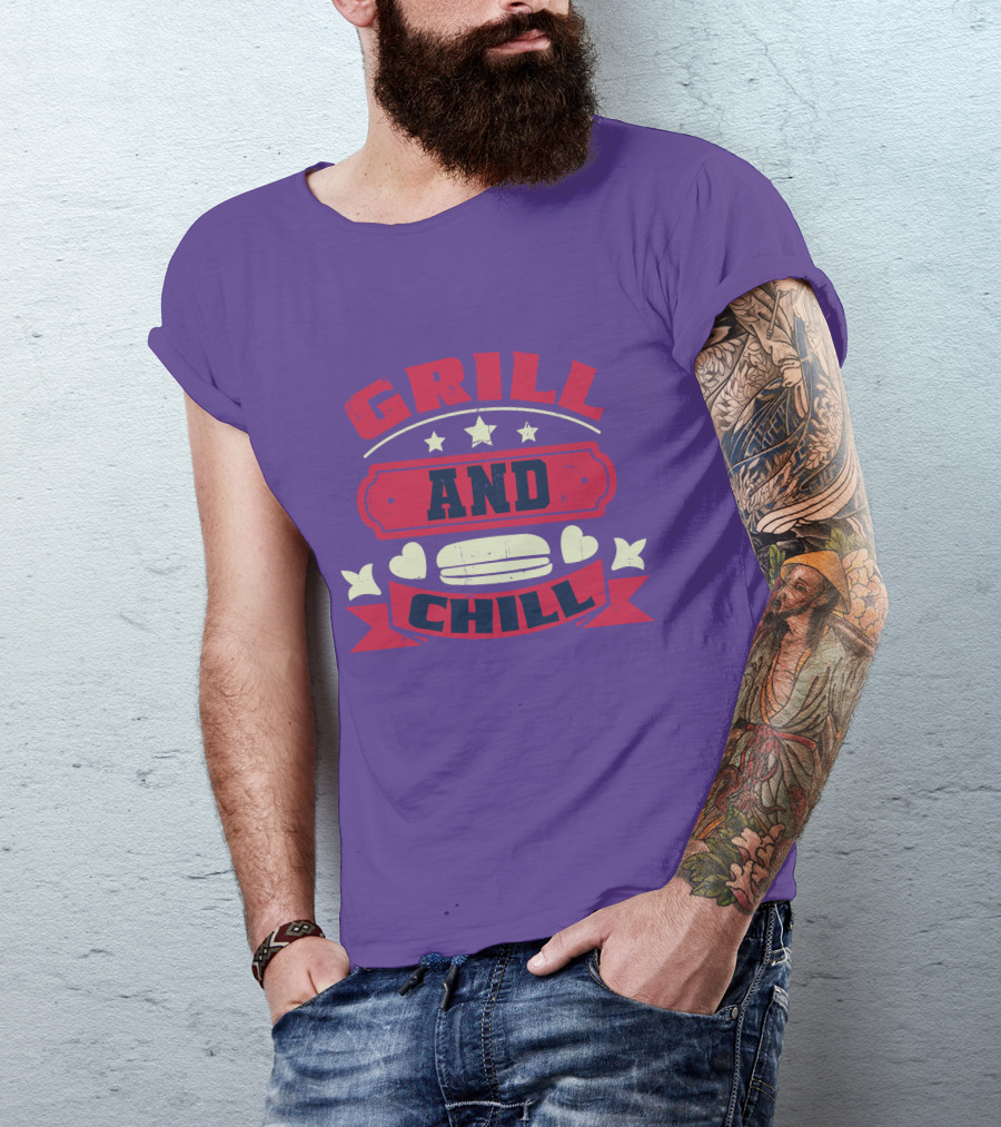 GRILL AND CHILL Stars And Hearts BBQ Burger Banner T-Shirt