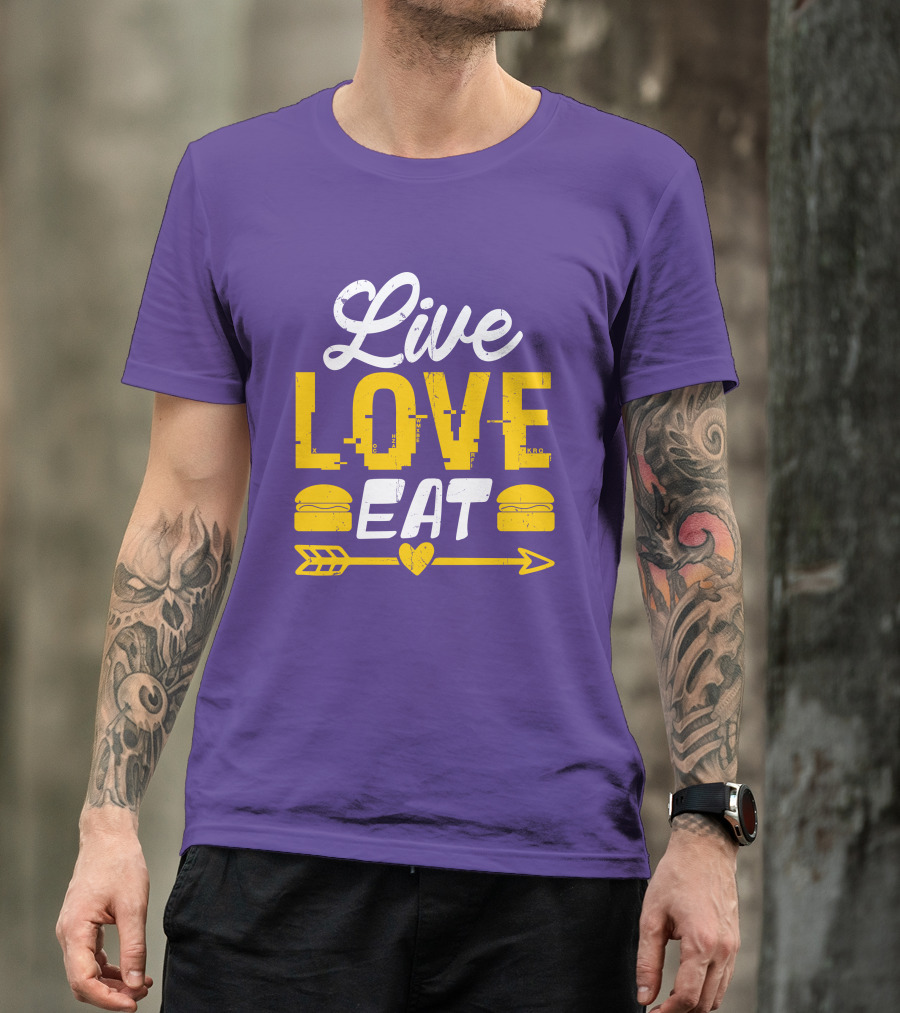 Live Love Eat With Burgers And Heart Arrow On Red T-Shirt