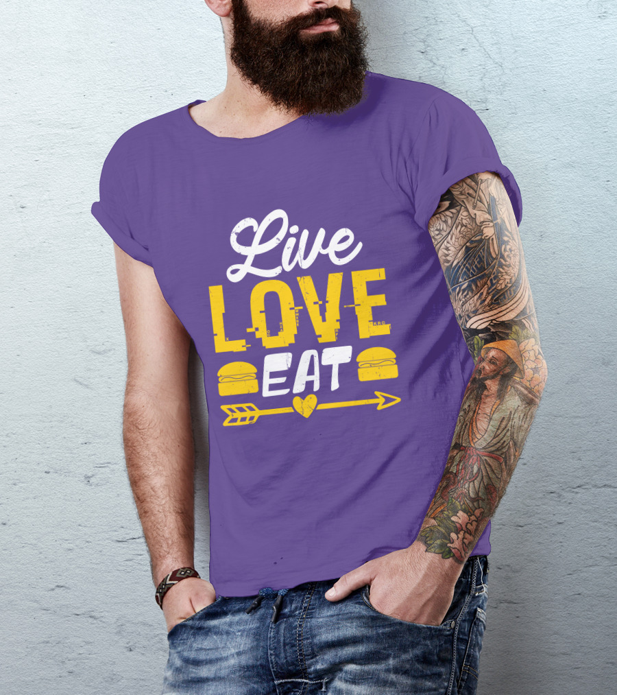 Live Love Eat With Burgers And Heart Arrow On Red T-Shirt
