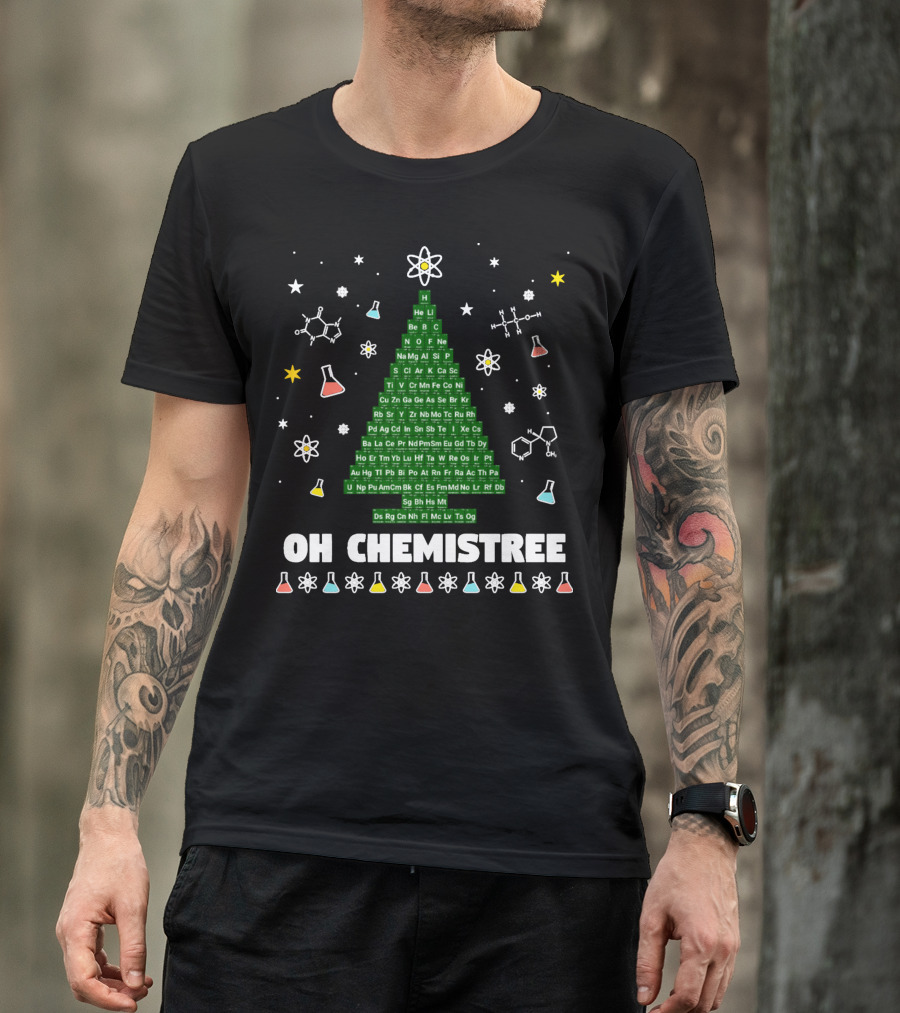 Oh Chemistree Periodic Table Christmas Tree With Beakers And Molecules T-Shirt