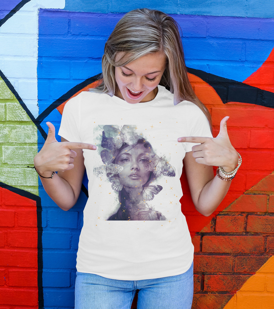 Butterfly And Girl Dreamy Watercolor Portrait With Stars T-Shirt