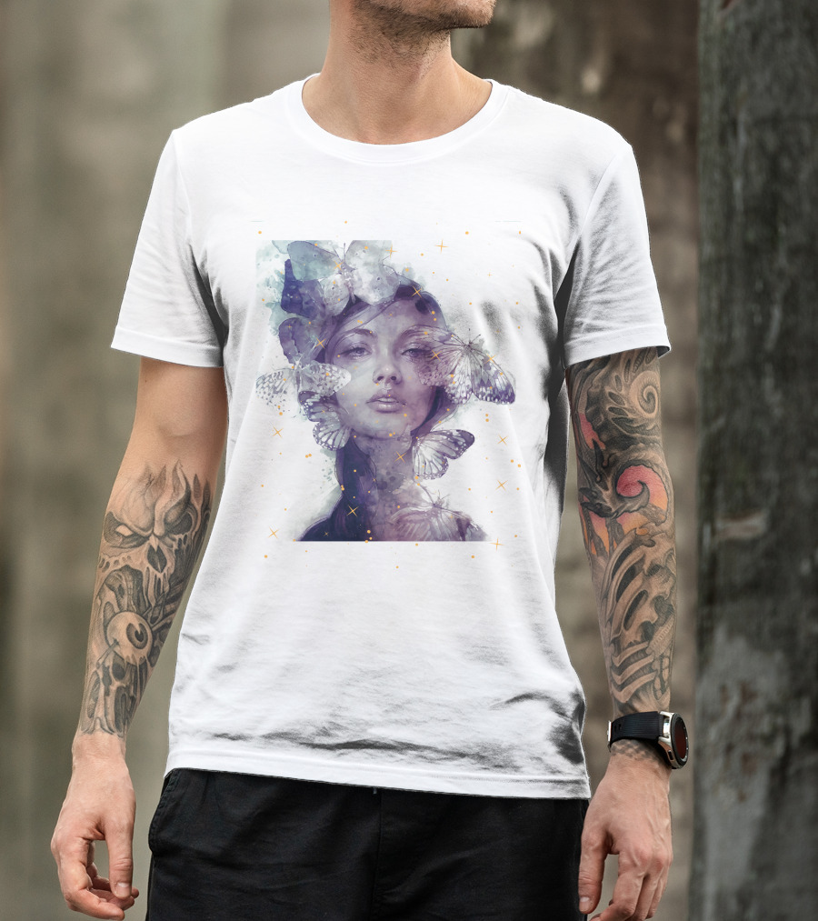 Butterfly And Girl Dreamy Watercolor Portrait With Stars T-Shirt