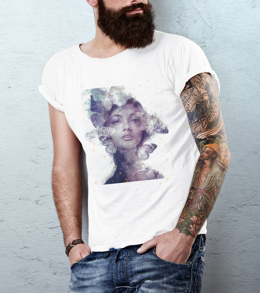 Butterfly And Girl Dreamy Watercolor Portrait With Stars T-Shirt