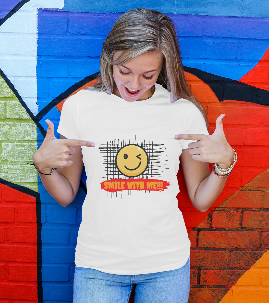 SMILE WITH ME Winking Smiley Face And Checkered Grid Background T-Shirt