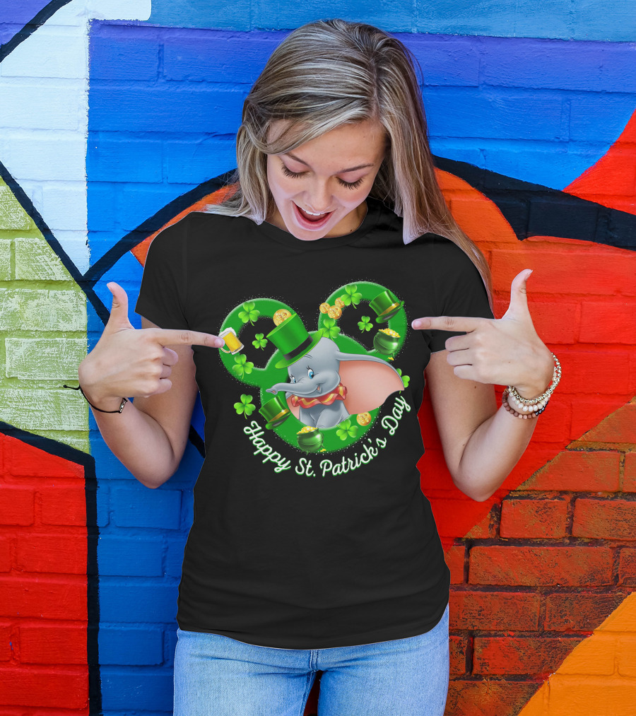 Dumbo Happy St. Patrick's Day With Shamrocks And Leprechaun Hat T-Shirt