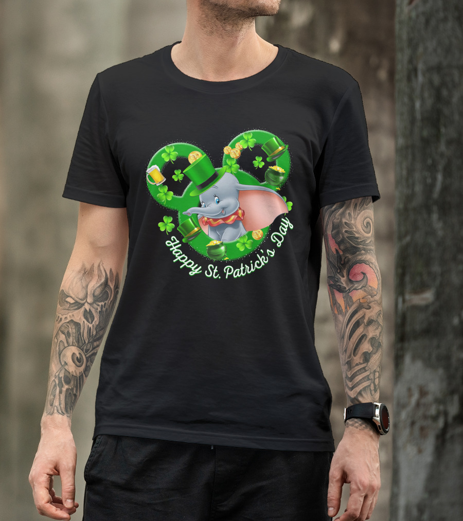 Dumbo Happy St. Patrick's Day With Shamrocks And Leprechaun Hat T-Shirt