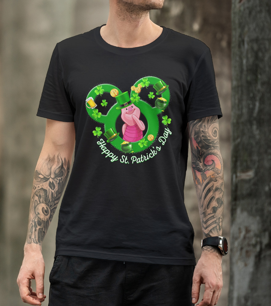Piglet Happy St. Patrick’s Day Mickey Ears Shamrocks Coins Hat T-Shirt
