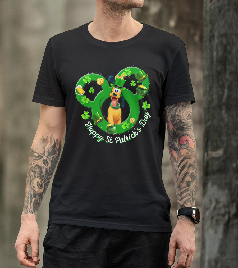 Happy St. Patrick's Day Pluto Mickey Ears Shamrocks Gold Coins T-Shirt