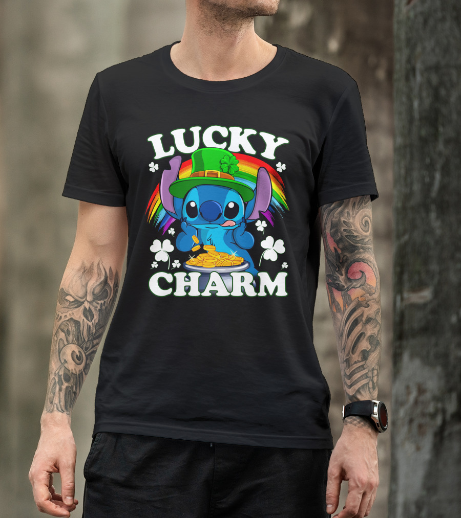 Stitch Lucky Charm Leprechaun Rainbow And Gold Coins T-Shirt