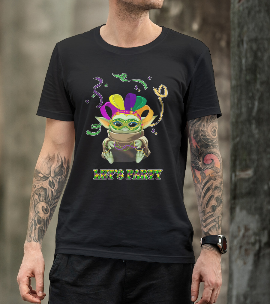 Baby Yoda Let's Party Mardi Gras Mask And Beads T-Shirt