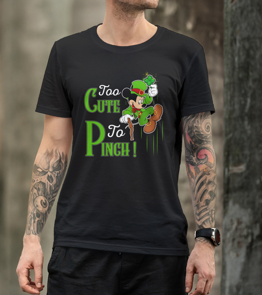 Too Cute To Pinch Leprechaun Character With Shamrock And Walking Stick T-Shirt