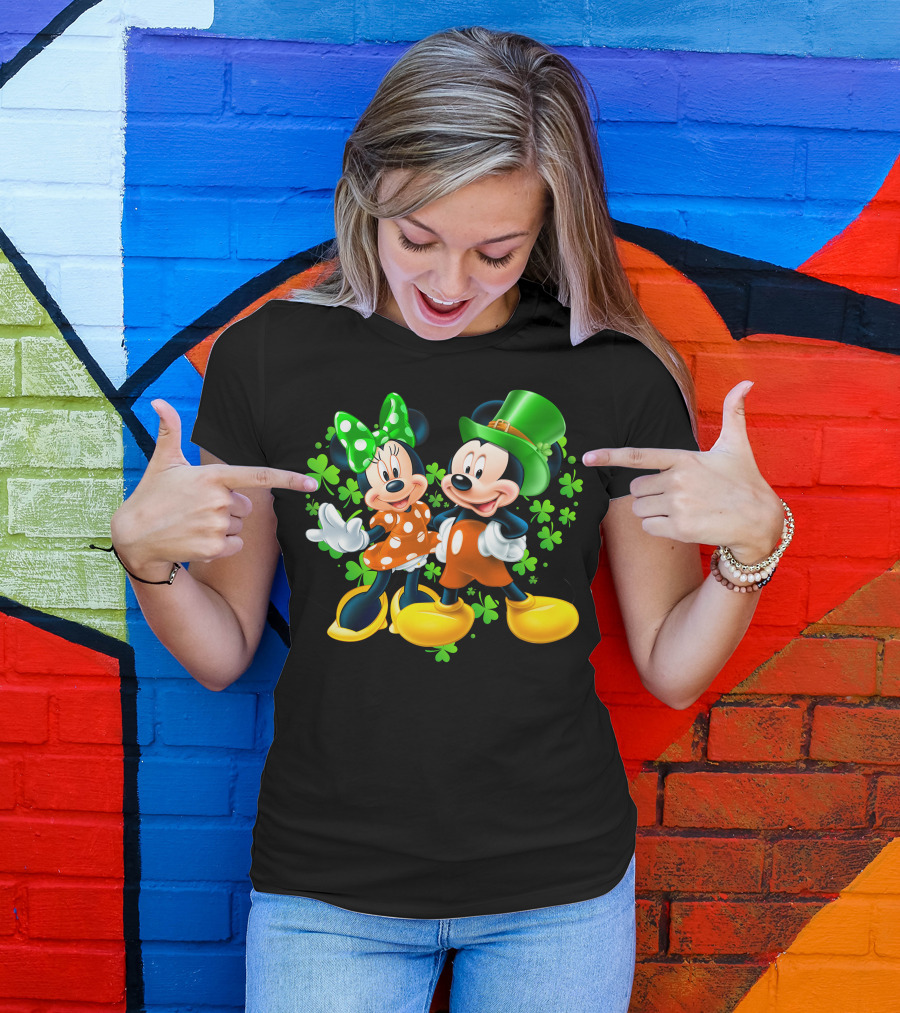Mickey And Minnie With Shamrocks In Green And Orange Outfits T-Shirt