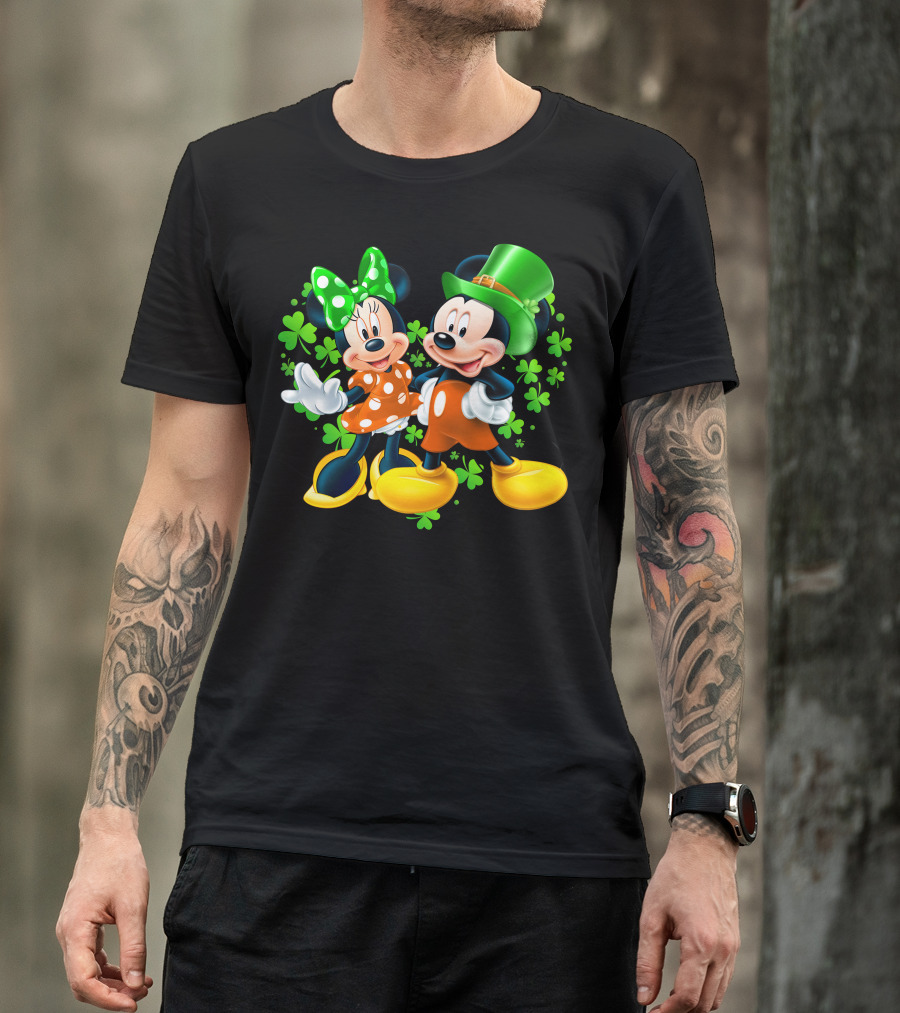 Mickey And Minnie With Shamrocks In Green And Orange Outfits T-Shirt