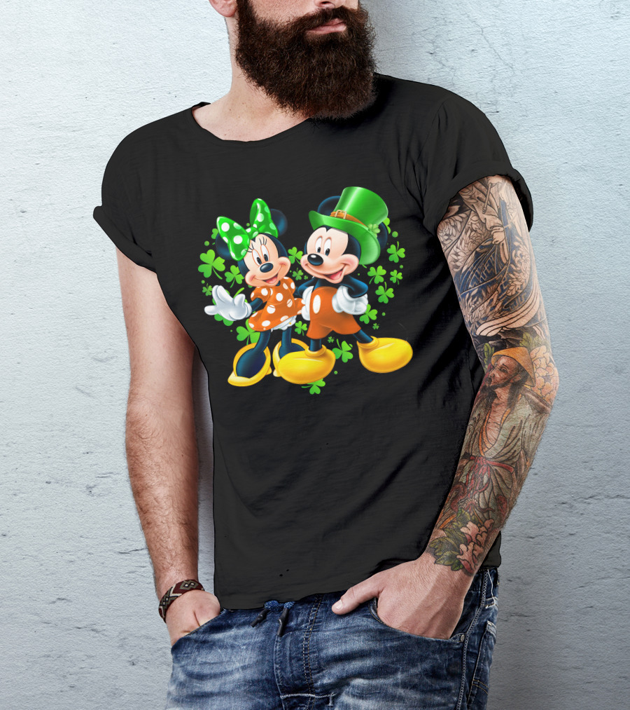 Mickey And Minnie With Shamrocks In Green And Orange Outfits T-Shirt