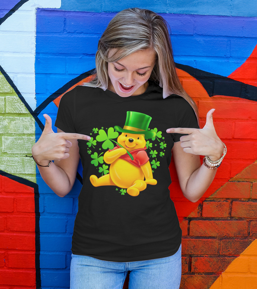 Pooh Bear St. Patrick's Day With Shamrocks And Green Hat T-Shirt