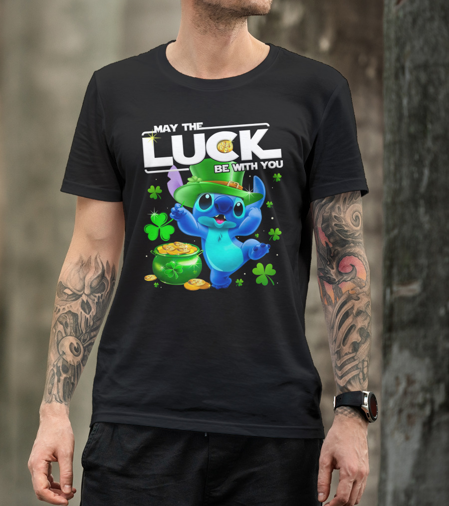May The Luck Be With You Stitch Leprechaun Clover Coins T-Shirt