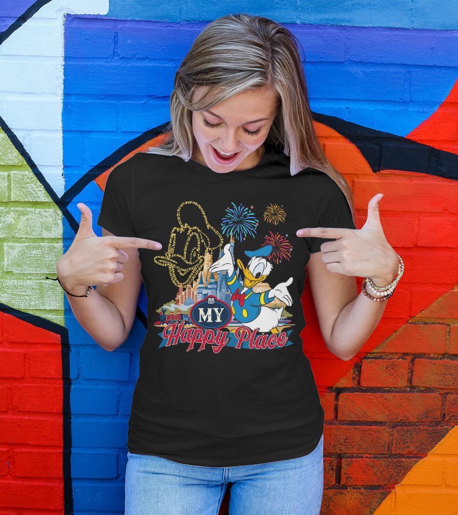 My Happy Place Donald Duck Fireworks Mickey Ears T-Shirt