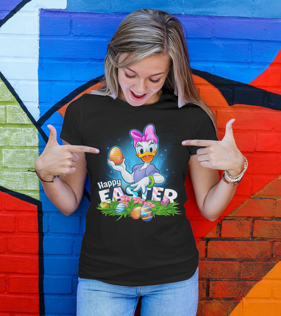 Daisy Duck Celebrating Happy Easter With Colorful Eggs And Flowers T-Shirt