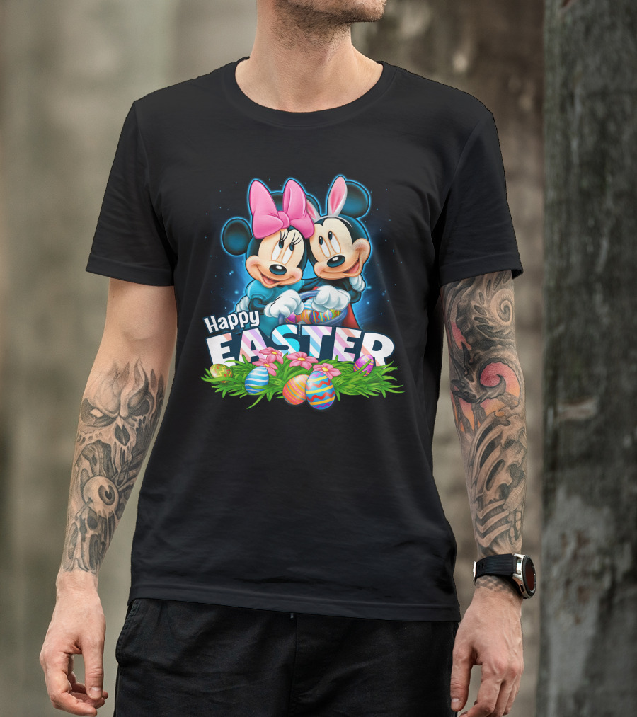 Mickey Minnie Happy Easter With Easter Eggs And Bows T-Shirt