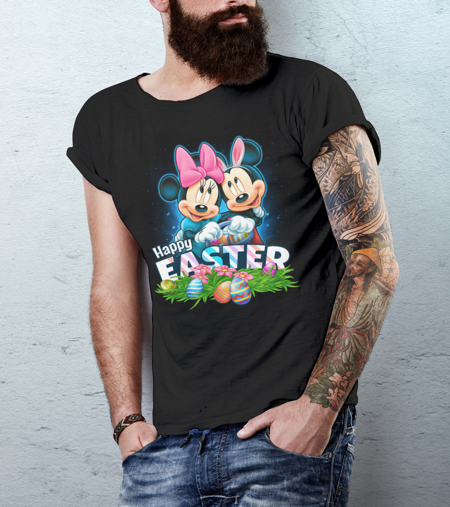 Mickey Minnie Happy Easter With Easter Eggs And Bows T-Shirt
