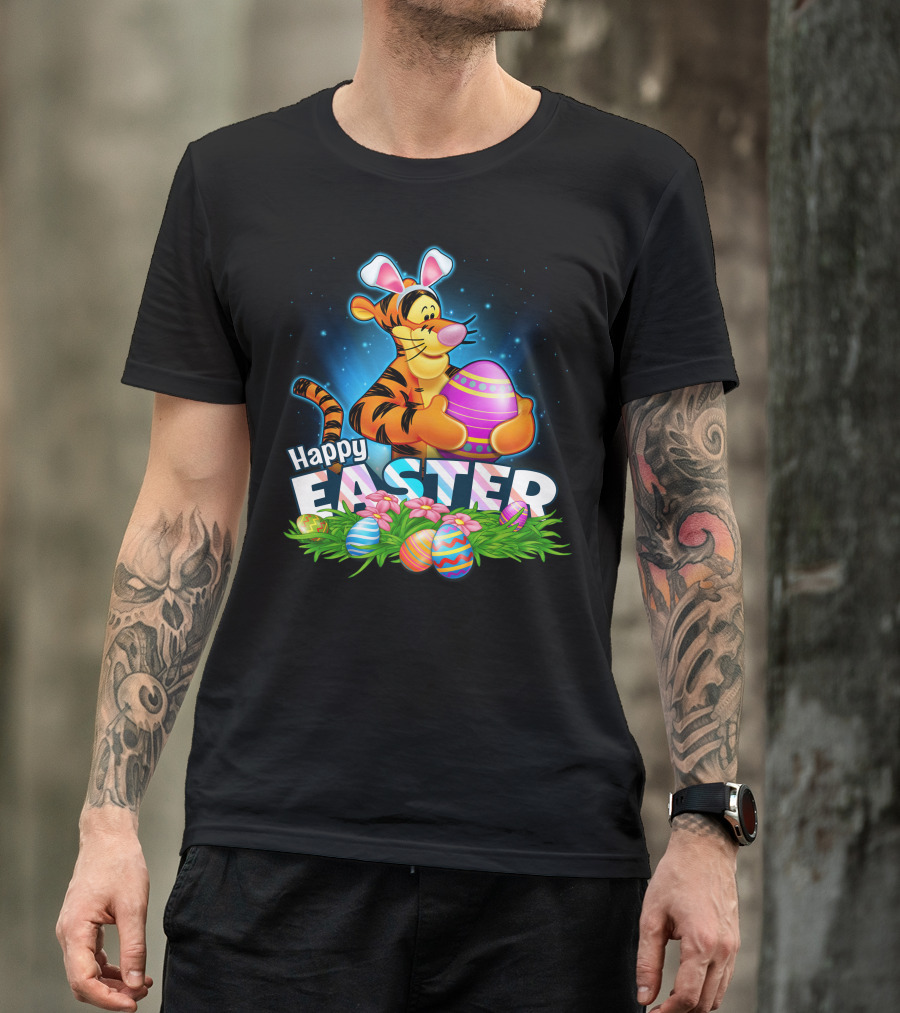 Happy Easter Tigger With Colorful Eggs And Bunny Ears T-Shirt