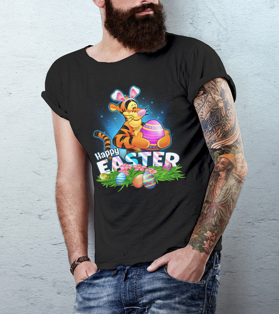 Happy Easter Tigger With Colorful Eggs And Bunny Ears T-Shirt