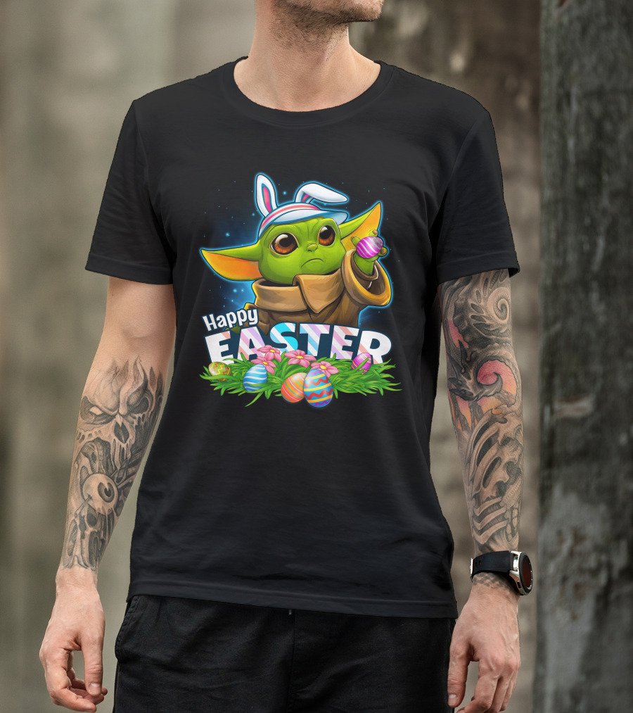 Happy Easter Yoda Baby With Bunny Ears And Colorful Eggs T-Shirt