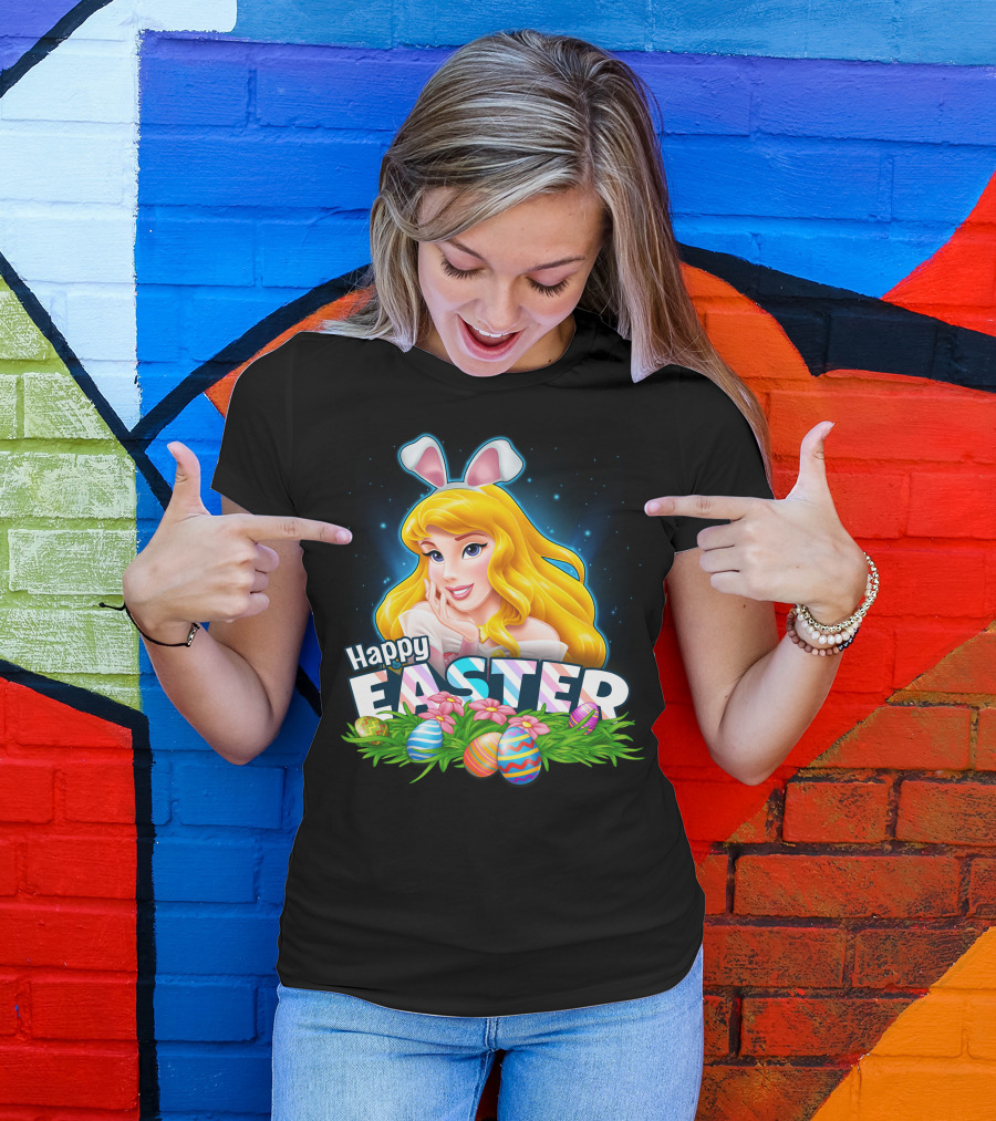 Happy Easter Aurora Bunny Ears With Colorful Eggs And Flowers T-Shirt