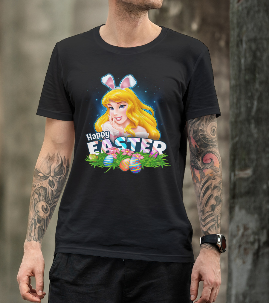 Happy Easter Aurora Bunny Ears With Colorful Eggs And Flowers T-Shirt